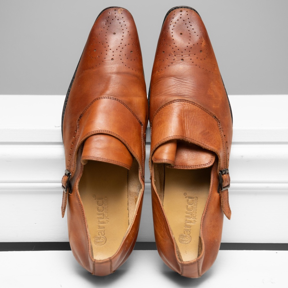 Carrucci Mens Shoes 10.5 Cognac Leather Single Monk Strap Brogue Dandy Wingtip